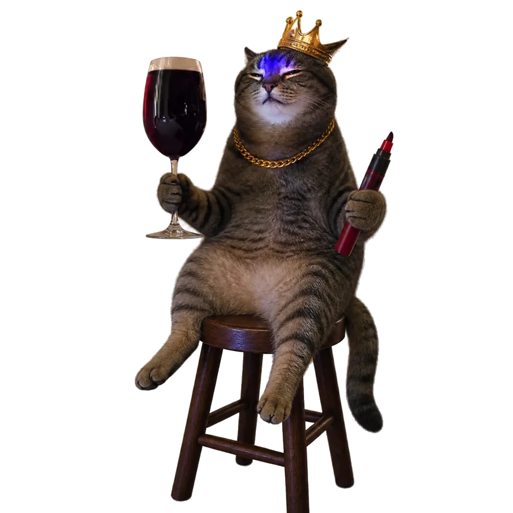 A crowned cat holding a glass of red wine